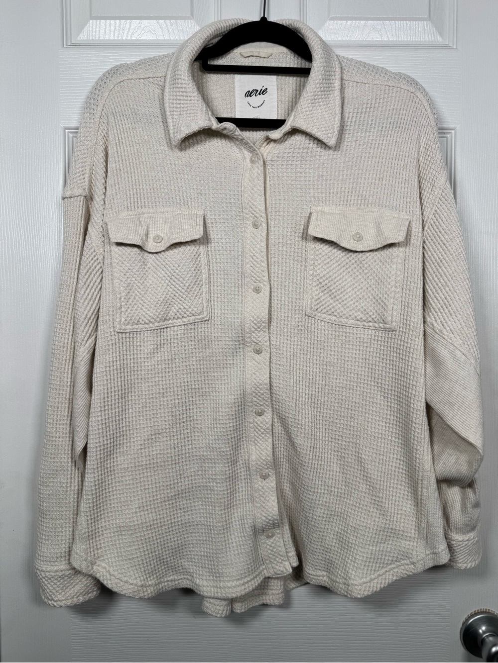 Aerie Cream Waffle Knit Oversized Button Front Shacket Shirt Large